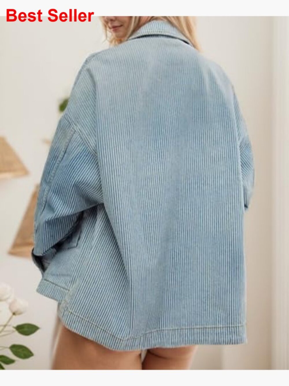 Striped Denim Jacket Casual Long Sleeve Boyfriend Coat with Pockets - Picture 2 of 7